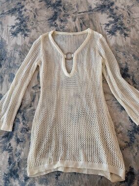 Cream Open-Knit Tunic Sweater with Ring Detail